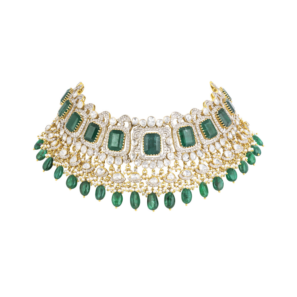 Emerald Colourstones Polki Choker with Emerald Maniya
